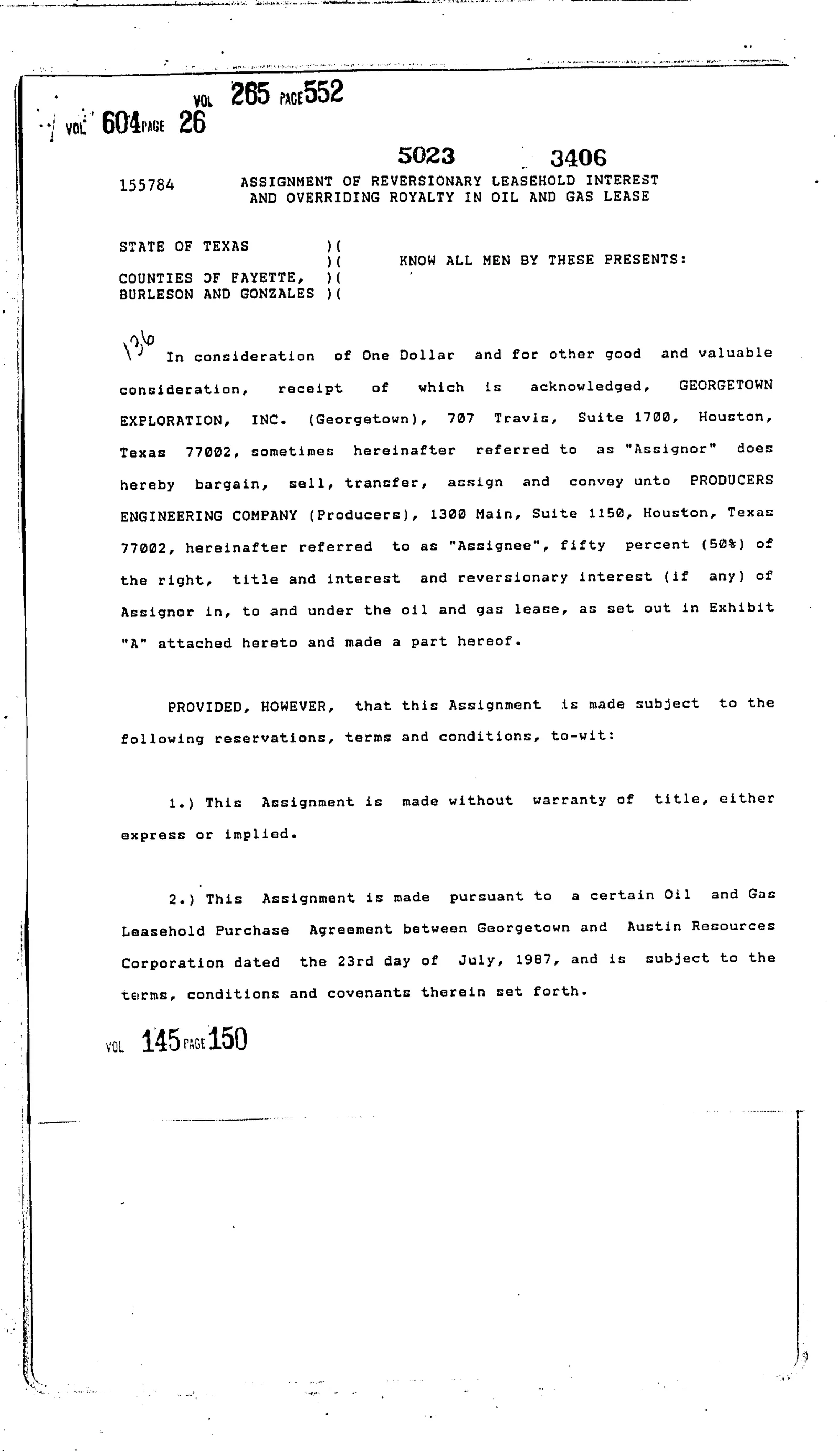 Georgetown Exploration Inc. - Recorded Orr Asgn (Vol. 145, Page 150)