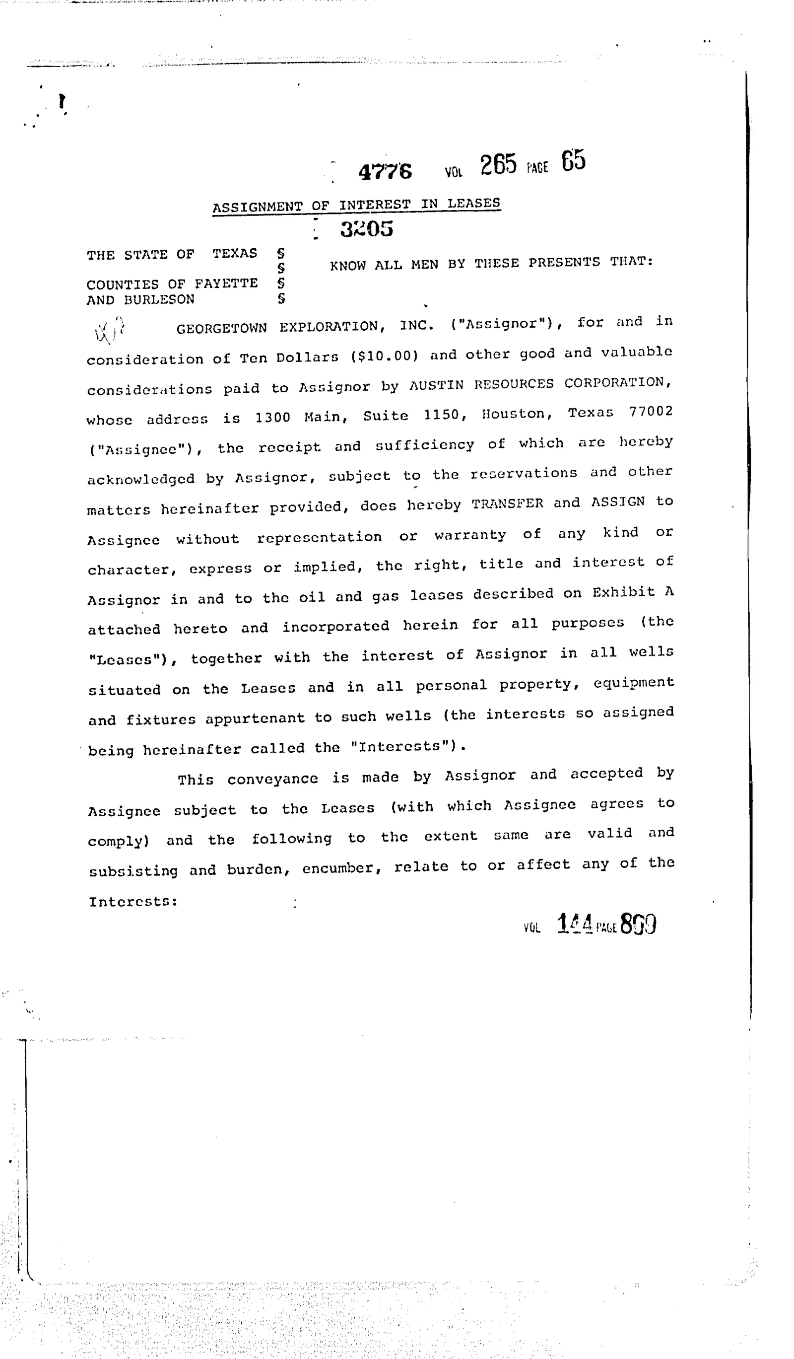 Georgetown Exploration Inc. - Recorded Assignment (Vol. 144, Page 809)